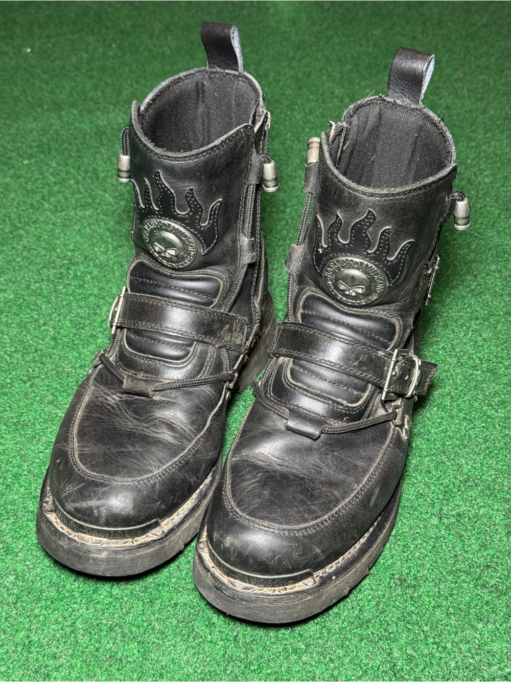 Harley Davidson Distortion Biker Combat Boots Size 10 Leather Skull Flame Black